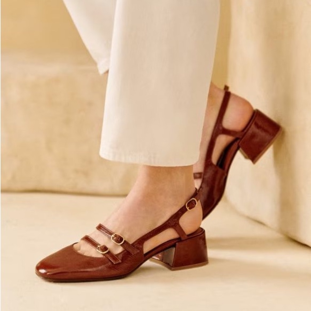 Sezane Brown Leather Block Heel Slingback Pumps
